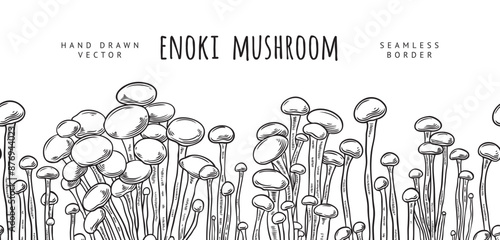 Seamless border of enoki mushrooms on a white background. Traditional Pan-Asian cuisine, organic healthy food. The edible mushroom has a long stem and a small cap. Hand drawn vector illustration.