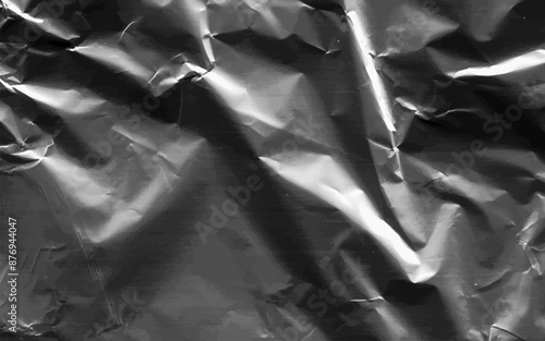 Abstract transparent plastic wrap wrinkled texture on black background. Vector illustration vinyl, texture overlay effect of an old cover with defects and scuffs. Wrinkled, torn and old packaging.