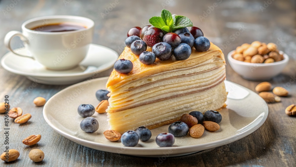 A sumptuous, photorealistic still life of a decadent blueberry crepe cake, adorned with choux cream, espresso macadamia cheese, and coffee beans. A sumptuous, photorealistic still life of a decadent blueberry crepe cake, adorned with choux cream, espresso macadamia cheese, and coffee beans.