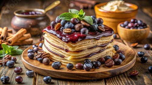 A decadent blueberry crepe cake with espresso macadamia cheese, choux cream, and coffee beans, served on a rustic wooden plate. photo
