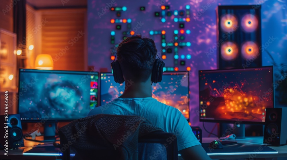Obraz premium A gamer sits in front of their computer, wearing headphones, in a dimly lit room, with colorful lights behind them.