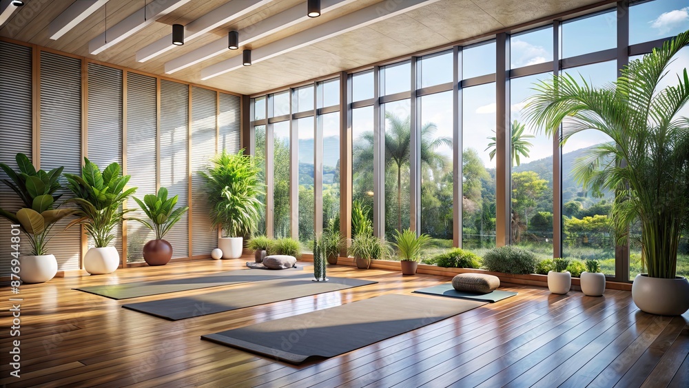 Modern meditation & yoga room with large windows and tropical plants, perfect for sunny days , meditation, yoga, room Modern meditation & yoga room with large windows and tropical plants, perfect for sunny days , meditation, yoga, room