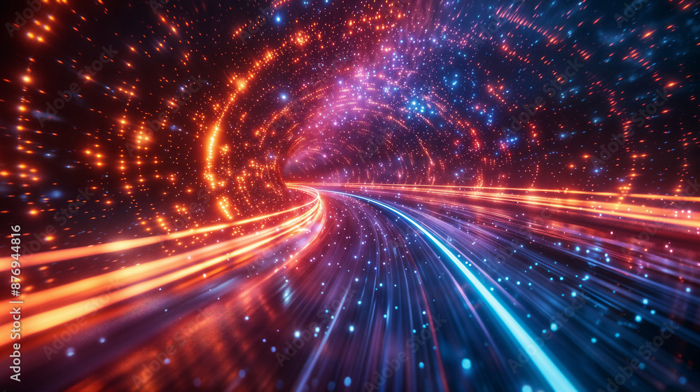 Sfondo digitale astratto con particelle e luci colorate che viaggiano alla velocità della luce Sfondo digitale astratto con particelle e luci colorate che viaggiano alla velocità della luce