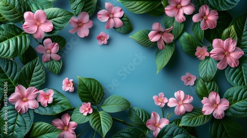 Pink Flowers and Green Leaves on Blue Background © Balerinastock