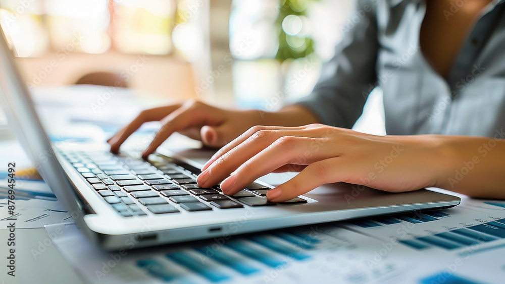 A professional working at a desk with a laptop and documents, analyzing data and charts. A depiction of modern business and office work. A professional working at a desk with a laptop and documents, analyzing data and charts. A depiction of modern business and office work.