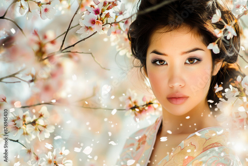 Portrait of a young woman amidst cherry blossoms in traditional dress, capturing the serene beauty of spring. © apratim