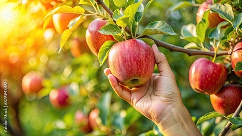 A close up of a hand picking a ripe apple from a tree , apple, harvest, orchard, fruit, picking, hand, farm, tree