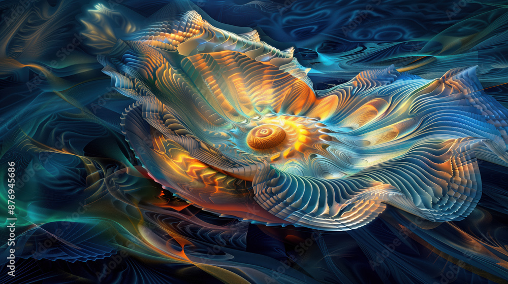Fototapeta premium Luminescent Depths: Serene Undersea World with Glowing Clam and Abstract Symbolism