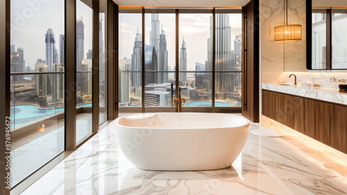 A luxurious bathroom with a city view featuring modern design elements, marble floors, and large glass windows overlooking towering skyscrapers. © apratim