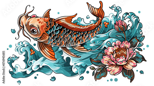 Koi fish in the sea with waves and flowers. Vector illustration