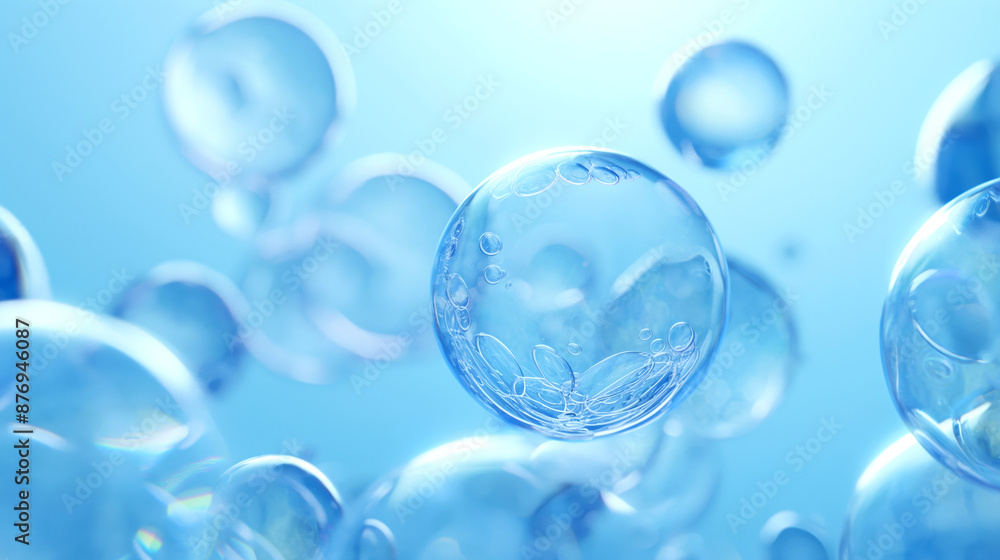 Close-up view of numerous translucent soap bubbles floating against a light blue background with soft focus effects. Close-up view of numerous translucent soap bubbles floating against a light blue background with soft focus effects.