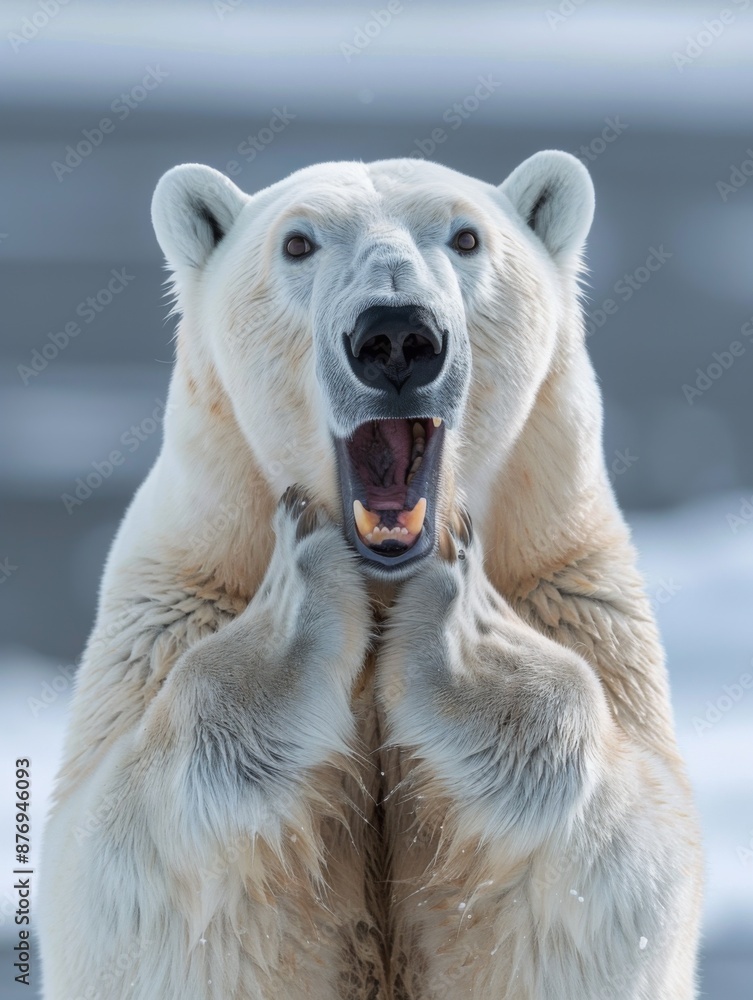A very surprised and shocked polar bear with its mouth open and paws touching its head. Funny inspired animal A very surprised and shocked polar bear with its mouth open and paws touching its head. Funny inspired animal