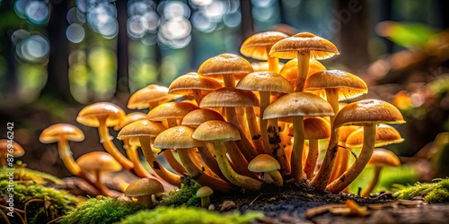 Close-up of honey mushrooms growing on dark forest floor, honey mushrooms, forest, close-up, dark background, nature, fungi photo