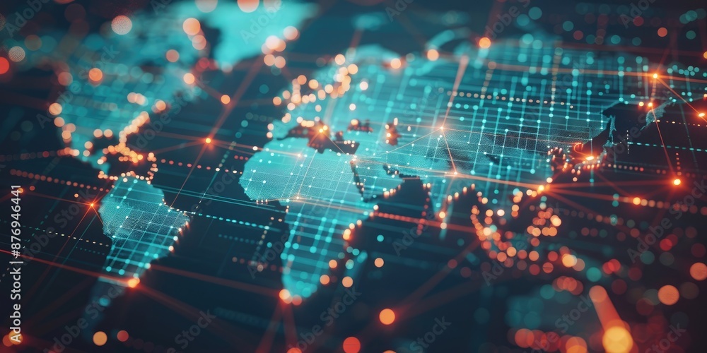 A world map with connected dots and lines A world map with connected dots and lines