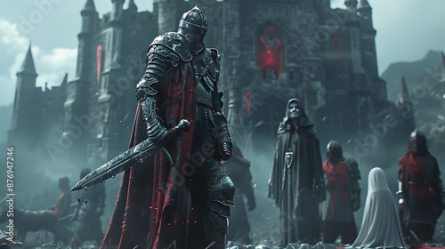 Dark knight with his sword ready to defend his castle.