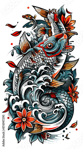 Hand drawn doodle fish with floral ornament. Vector illustration