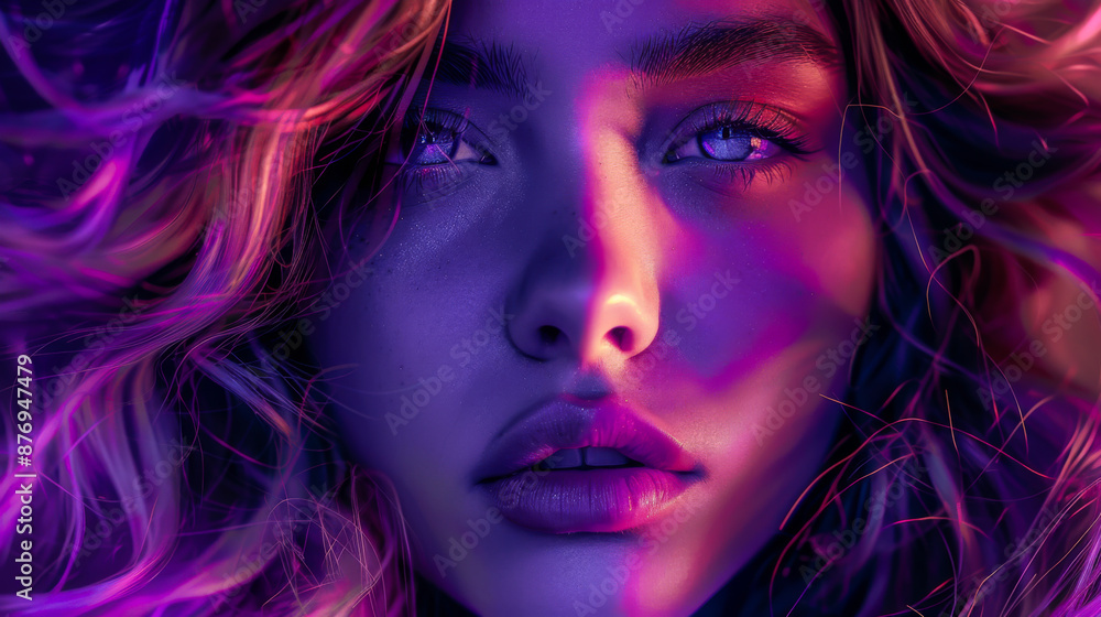 Close-up of the face of a beautiful woman with purple-pink wavy hair and bright makeup. Beauty and fashion concept. Close-up of the face of a beautiful woman with purple-pink wavy hair and bright makeup. Beauty and fashion concept.