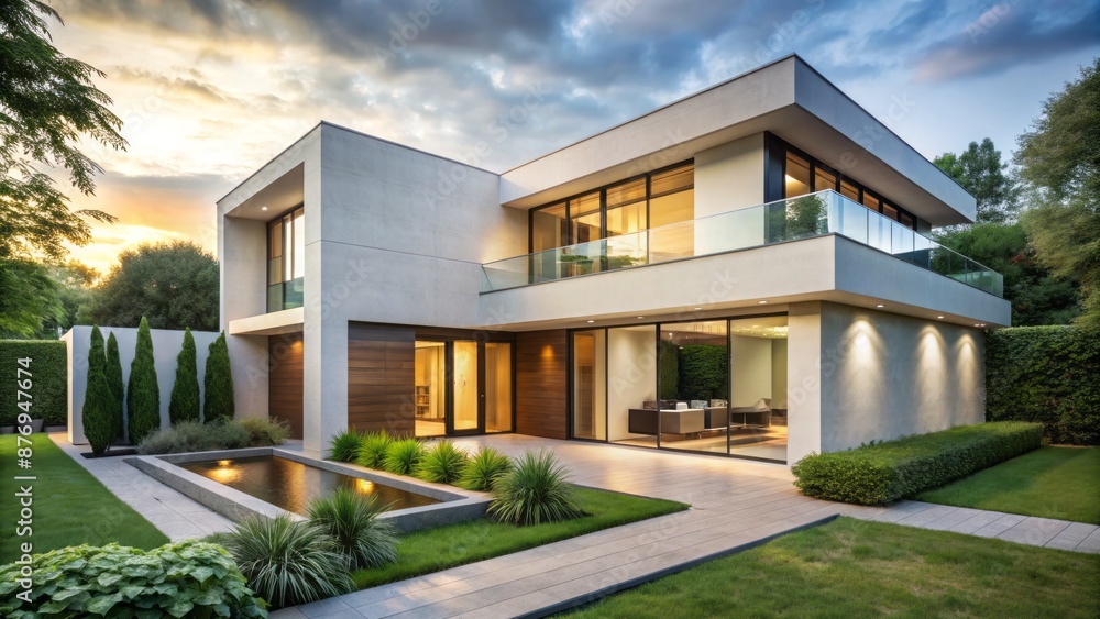 Beautiful modern newly constructed residence with smooth finished plaster exterior walls, clean lines, and elegant architectural details surrounds lush greenery. Beautiful modern newly constructed residence with smooth finished plaster exterior walls, clean lines, and elegant architectural details surrounds lush greenery.