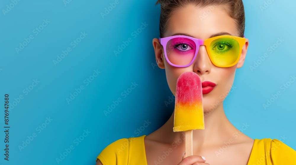 A woman in a yellow shirt holding a popsicle with a yellow, pink, and green stick A woman in a yellow shirt holding a popsicle with a yellow, pink, and green stick
