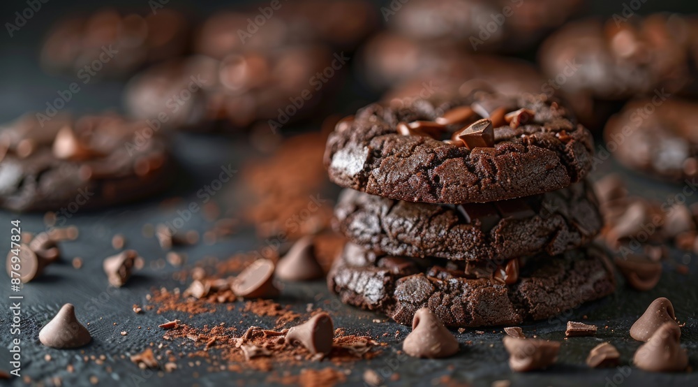 sleepy chocolate cookies with cacao and chocolate chips on dark background, close up, stack of cookies in the background, chocolate pieces scattered around, food photography, product shot sleepy chocolate cookies with cacao and chocolate chips on dark background, close up, stack of cookies in the background, chocolate pieces scattered around, food photography, product shot