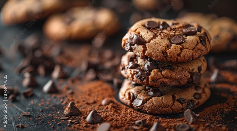 Obraz premium sleepy chocolate cookies with cacao and chocolate chips on dark background, close up, stack of cookies in the background, chocolate pieces scattered around, food photography, product shot