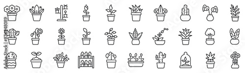Set of 30 outline icons related to flowerpot. Linear icon collection. Editable stroke. Vector illustration