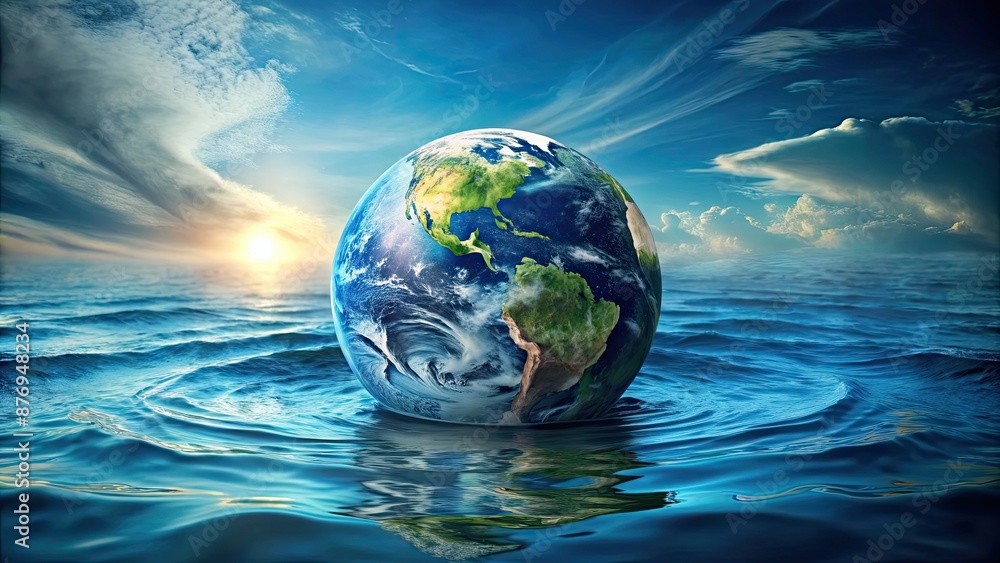 Fototapeta premium Planet Earth sinking into water due to global warming, climate change, environment, disaster