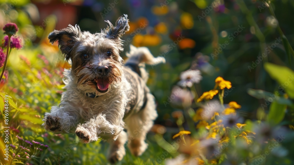 Happy dog running through a colorful garden. Dog looks joyful while enjoying the outdoors. An energetic playful scene exemplifying life's simple joys. Happy dog running through a colorful garden. Dog looks joyful while enjoying the outdoors. An energetic playful scene exemplifying life's simple joys.