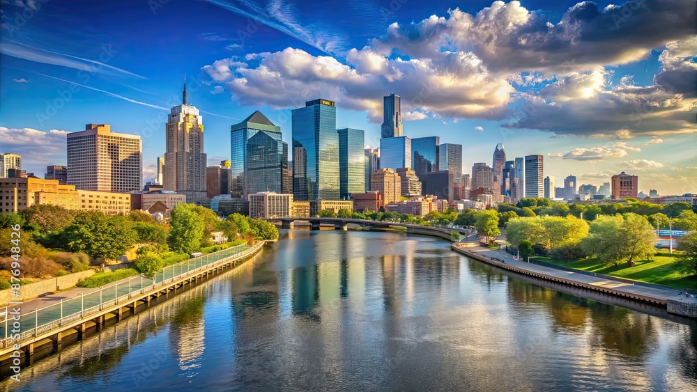 Fototapeta premium Schuylkill River meandering through downtown Philadelphia, Pennsylvania , urban, cityscape, skyline, river, waterfront