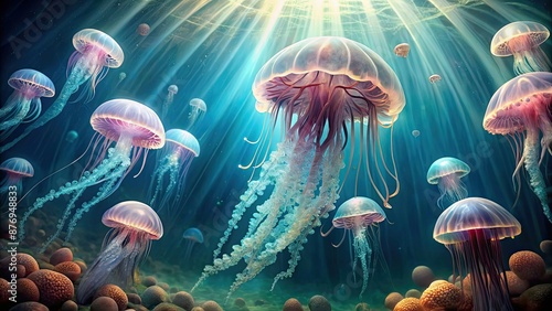 Ethereal jellyfish gracefully dance in a surreal underwater neural dreamscape, jellyfish, ethereal, dance, underwater © Sujid