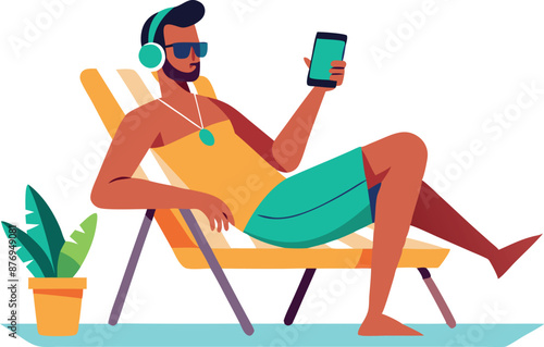 Man Relaxing on Beach Chair Listening to Music with Headphones