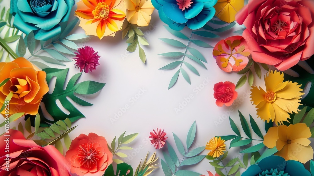 Vibrant paper flowers frame with bright colors. Beautiful floral arrangement. Vibrant paper flowers frame with bright colors. Beautiful floral arrangement.
