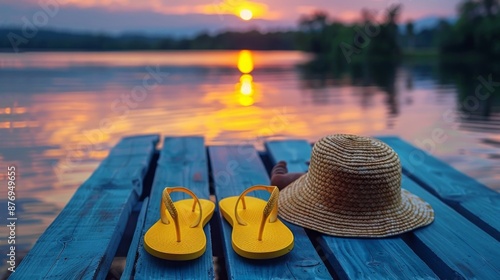 Yellow flip-flops and straw hat on a wooden pier with a sunset background over a peaceful lake
