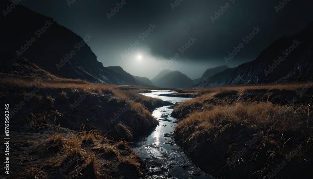 Fototapeta premium Marsh Arcana in Cloudy Winter: The Pioneer's Trip Enveloped in Landslide