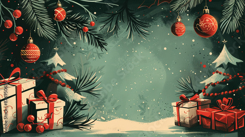 A flyer with a retro 1940s holiday theme, showcasing elegant illustrations of vintage ornaments, a classic Christmas tree, and wrapped gifts.