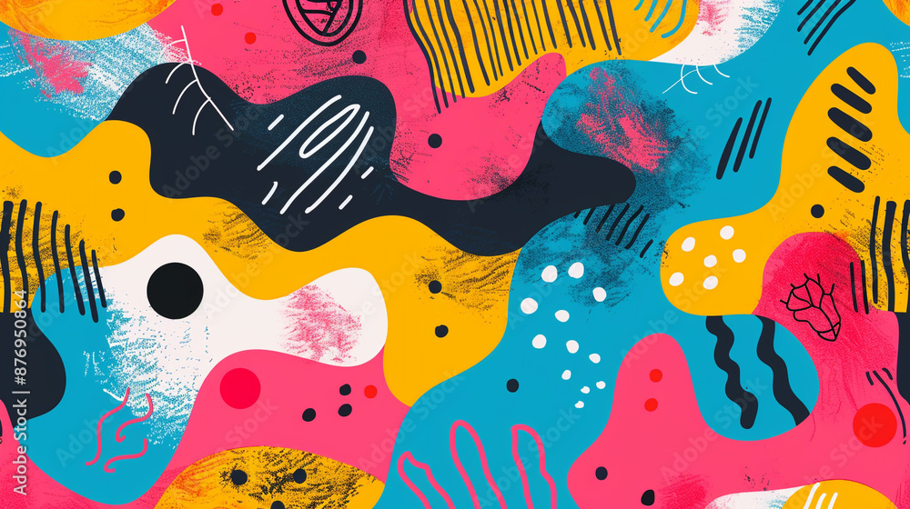 A playful flat color pattern of abstract shapes and doodles, using a bright, cheerful color scheme. A playful flat color pattern of abstract shapes and doodles, using a bright, cheerful color scheme.