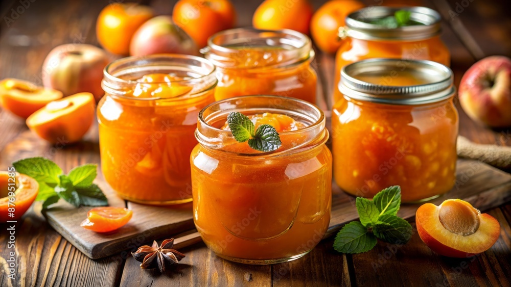 Macro shot of ornate jars overflowing with vibrant apricot jam, warm sunlight dancing across intricate glass patterns and golden lids. Macro shot of ornate jars overflowing with vibrant apricot jam, warm sunlight dancing across intricate glass patterns and golden lids.