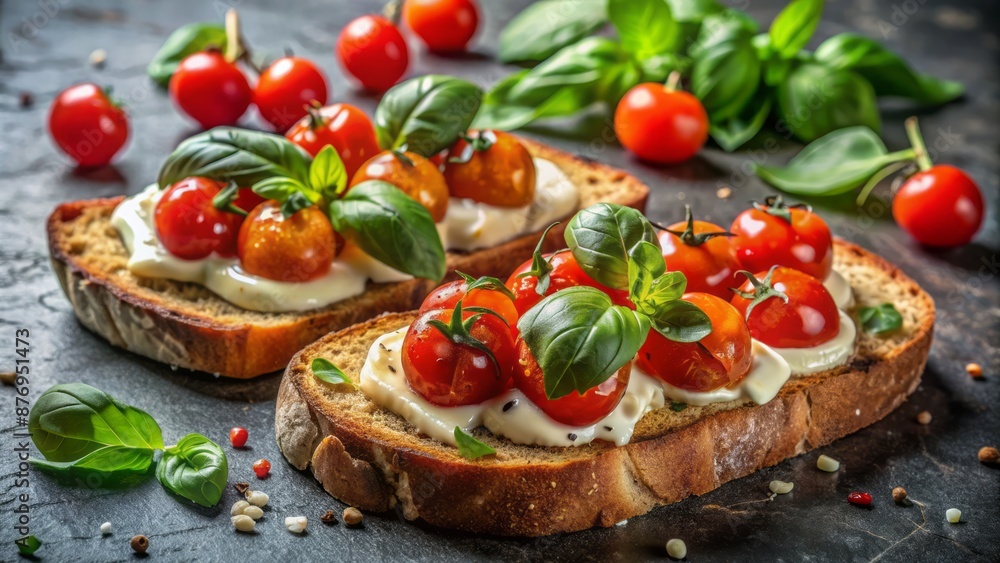 Freshly toasted rustic bread topped with juicy red cherry tomatoes, crisp basil leaves, and gooey melted mozzarella cheese on marble countertop. Freshly toasted rustic bread topped with juicy red cherry tomatoes, crisp basil leaves, and gooey melted mozzarella cheese on marble countertop.