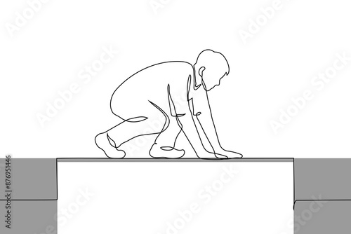 man balancing heavily on a beam between the roofs of two buildings - one line art vector. concept difficult task, balancing metaphor