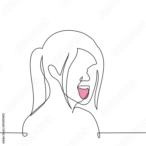 close up of woman face making face and sticking out tongue - one line art vector. concept make faces, negative emotions, disgust or cringe