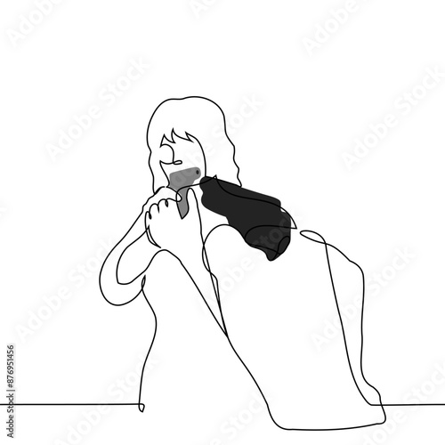 woman threatening with a gun in response to it is aimed too, view from the opponent's side - one line art vector. concept duel, mutual destruction, dilemma metaphor