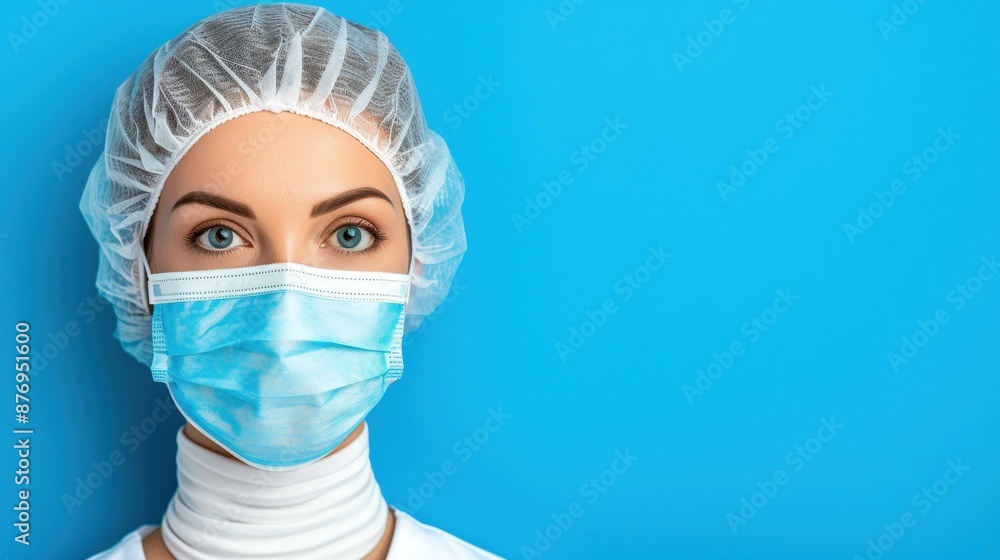 Closeup of female doctor or scientist in protective mask and cap, looking directly at the camera. Closeup of female doctor or scientist in protective mask and cap, looking directly at the camera.