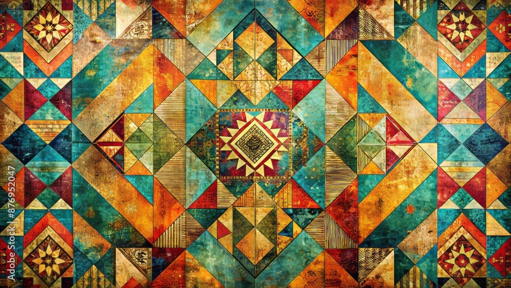 Fototapeta premium Retro inspired abstract geometric shapes background with distressed texture, featuring vibrant colors, and intricate patterns on a worn out canvas.