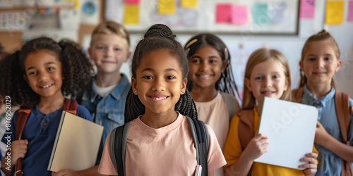 Group of divergent multiracial children in classroom. Kids with backpacks on first day of school. Classmates having good time together after lessons.