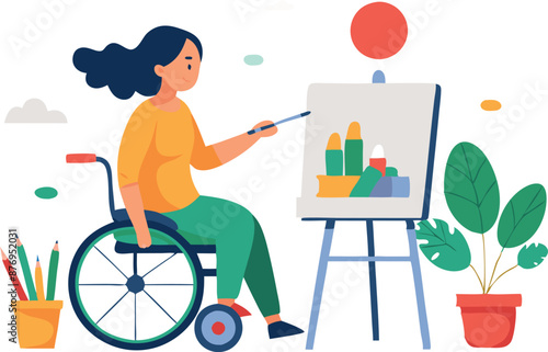 Illustration of Woman in Wheelchair Painting on Canvas
