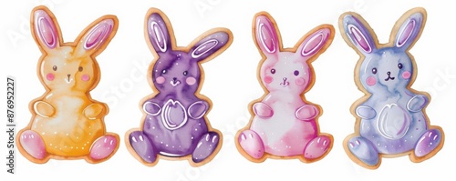 Bunnyshaped cookies with icing, dessert element, watercolor illustration, pastel, isolated on white background photo