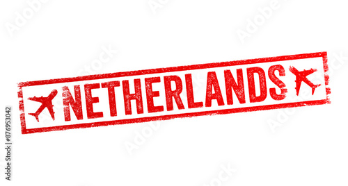 Netherlands - is a country located in Northwestern Europe, text emblem stamp with airplane