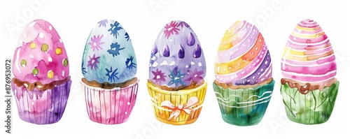 Decorated Easter egg cakes, dessert element, watercolor illustration, pastel, isolated on white background