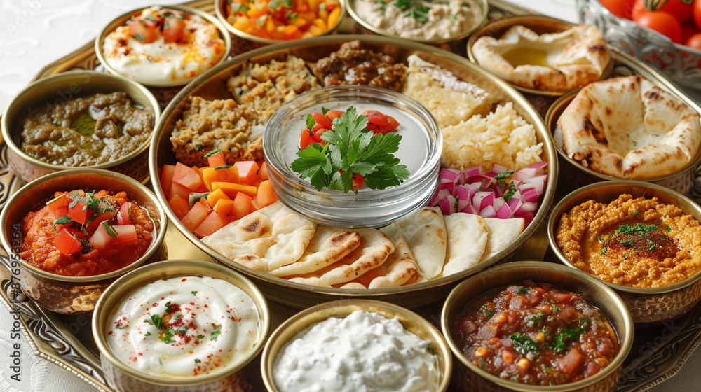 A brass serving platter with a glass center, featuring an arrangement of appetizers and dips, photographed in high resolution against a seamless white background. A brass serving platter with a glass center, featuring an arrangement of appetizers and dips, photographed in high resolution against a seamless white background.