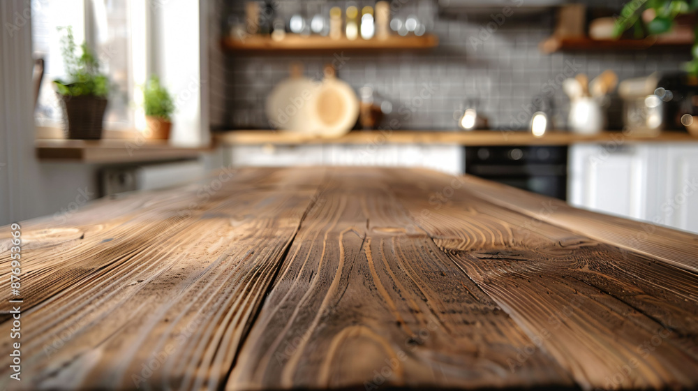 Empty wooden table and blurred kitchen background Empty wooden table and blurred kitchen background